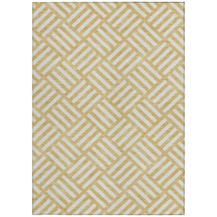 9' X 12' Gold And Ivory Geometric Washable Indoor Outdoor Area Rug