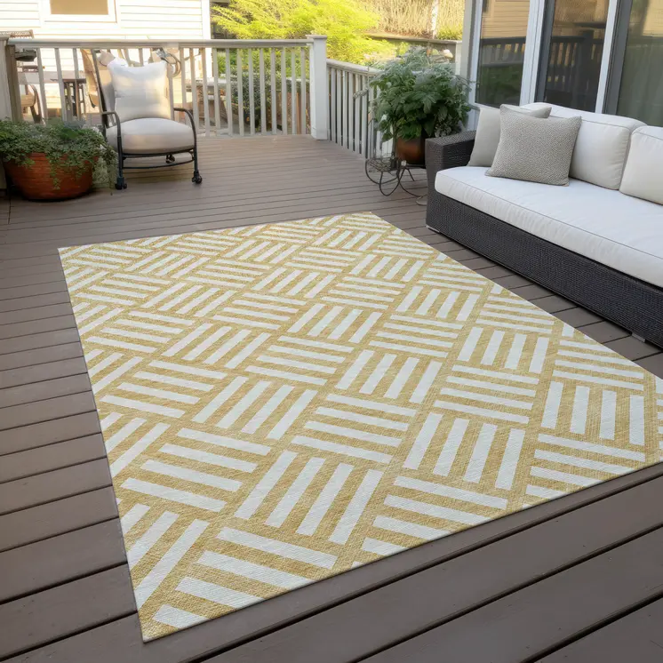 9' X 12' Gold And Ivory Geometric Washable Indoor Outdoor Area Rug