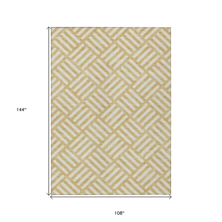 9' X 12' Gold And Ivory Geometric Washable Indoor Outdoor Area Rug