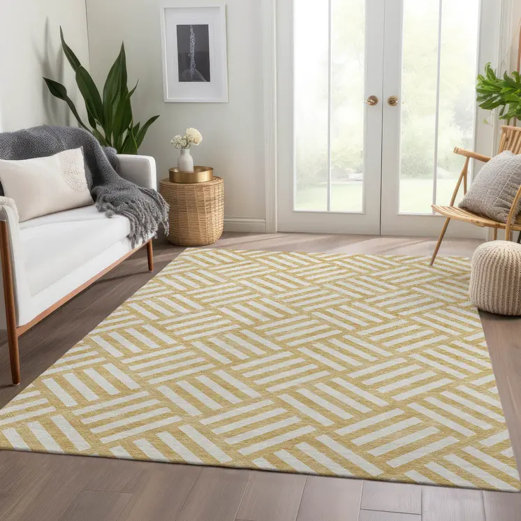 9' X 12' Gold And Ivory Geometric Washable Indoor Outdoor Area Rug