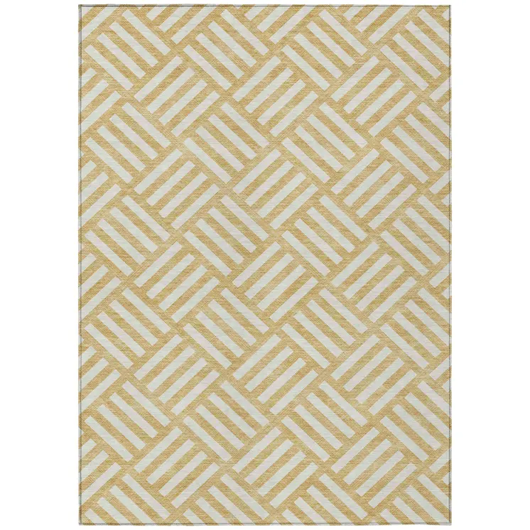 10' X 14' Gold And Ivory Geometric Washable Indoor Outdoor Area Rug