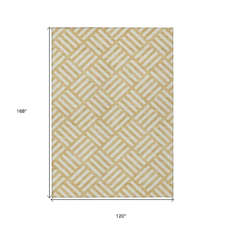 10' X 14' Gold And Ivory Geometric Washable Indoor Outdoor Area Rug