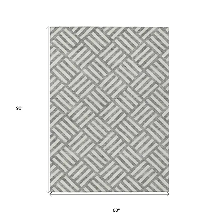 5' X 8' Gray And Ivory Geometric Washable Indoor Outdoor Area Rug