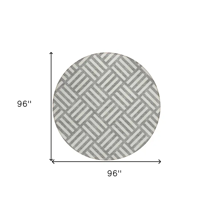 8' Gray And Ivory Round Geometric Washable Indoor Outdoor Area Rug
