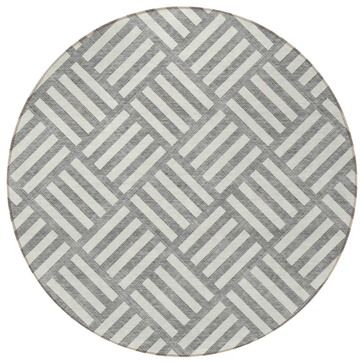 8' Gray And Ivory Round Geometric Washable Indoor Outdoor Area Rug