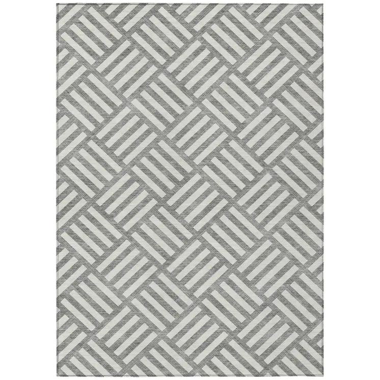 9' X 12' Gray And Ivory Geometric Washable Indoor Outdoor Area Rug