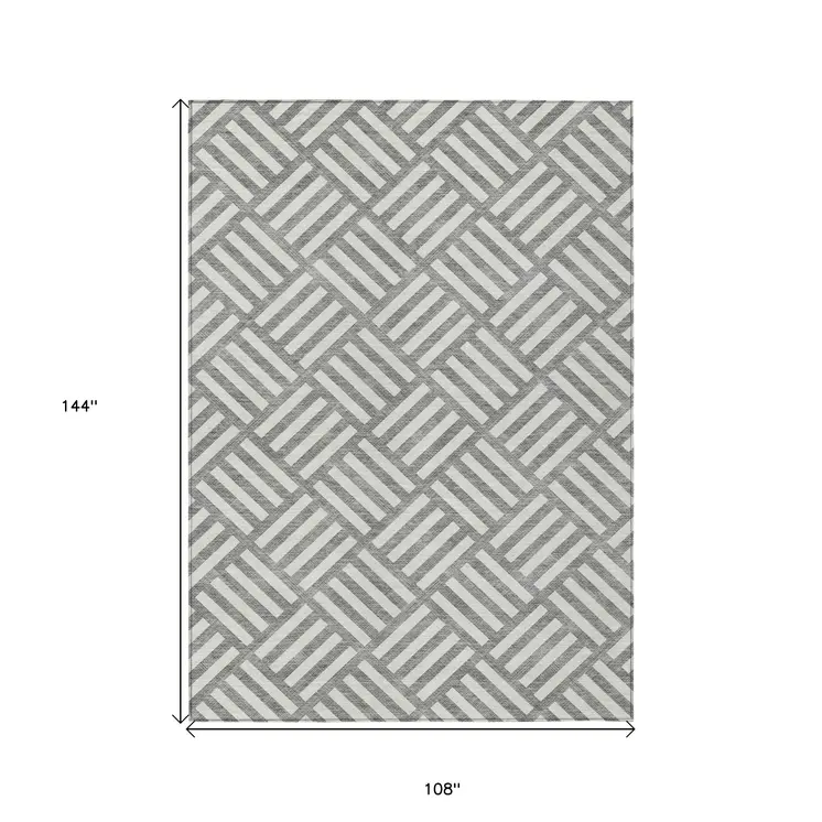 9' X 12' Gray And Ivory Geometric Washable Indoor Outdoor Area Rug