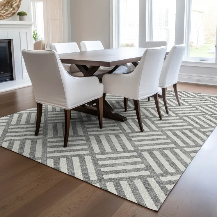 9' X 12' Gray And Ivory Geometric Washable Indoor Outdoor Area Rug