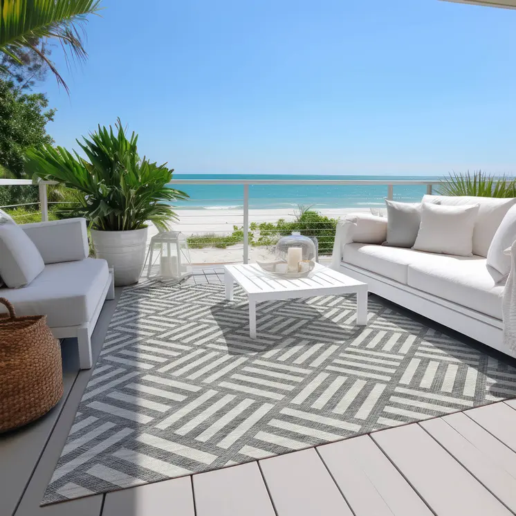 9' X 12' Gray And Ivory Geometric Washable Indoor Outdoor Area Rug