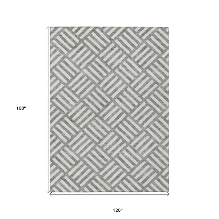 10' X 14' Gray And Ivory Geometric Washable Indoor Outdoor Area Rug