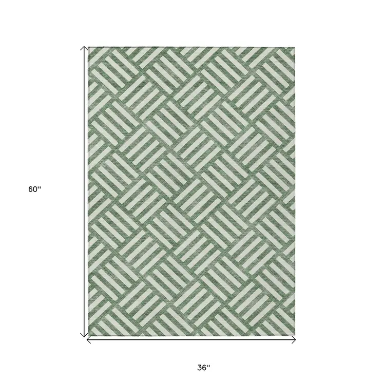 3' X 5' Green And Ivory Geometric Washable Indoor Outdoor Area Rug