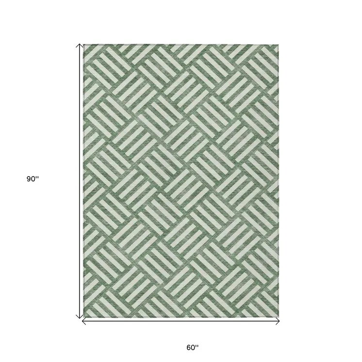 5' X 8' Green And Ivory Geometric Washable Indoor Outdoor Area Rug