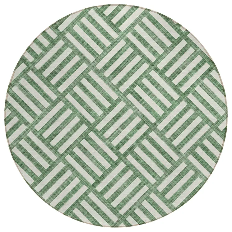8' Green And Ivory Round Geometric Washable Indoor Outdoor Area Rug