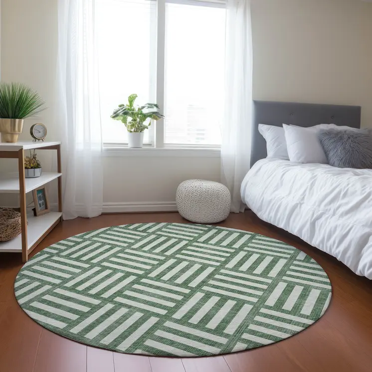 8' Green And Ivory Round Geometric Washable Indoor Outdoor Area Rug