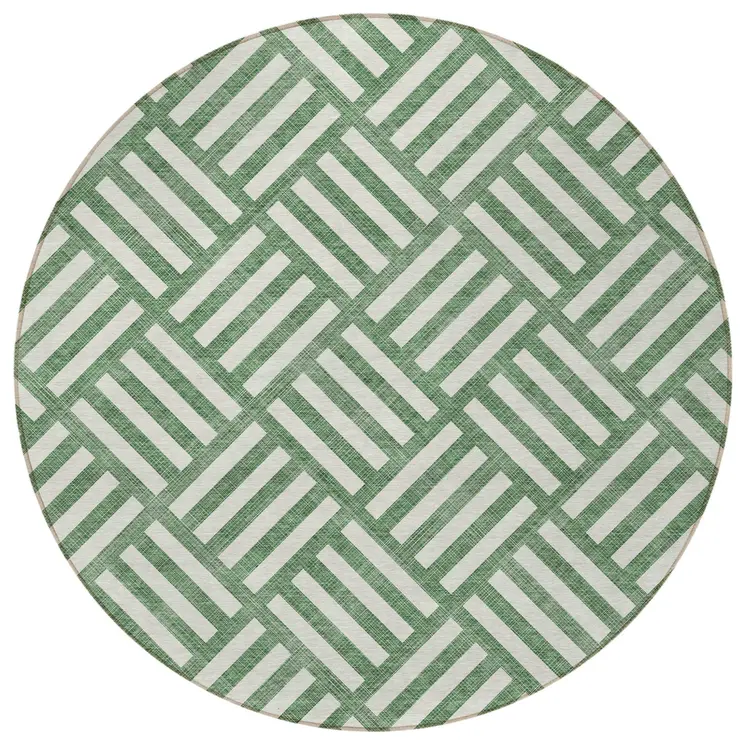 8' Green And Ivory Round Geometric Washable Indoor Outdoor Area Rug