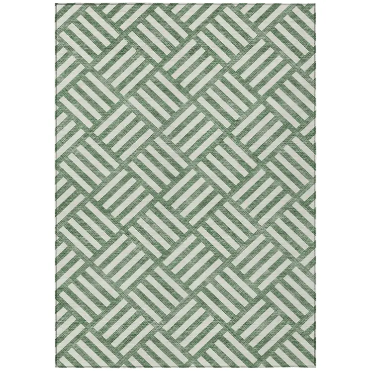 9' X 12' Green And Ivory Geometric Washable Indoor Outdoor Area Rug
