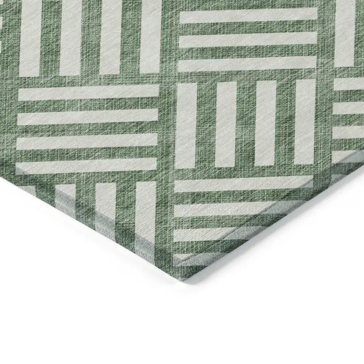 9' X 12' Green And Ivory Geometric Washable Indoor Outdoor Area Rug