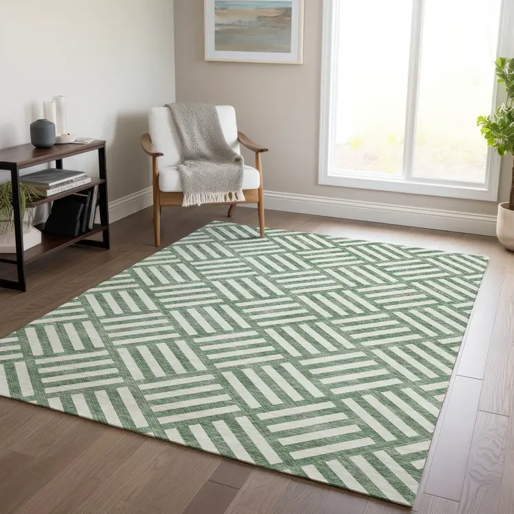 9' X 12' Green And Ivory Geometric Washable Indoor Outdoor Area Rug