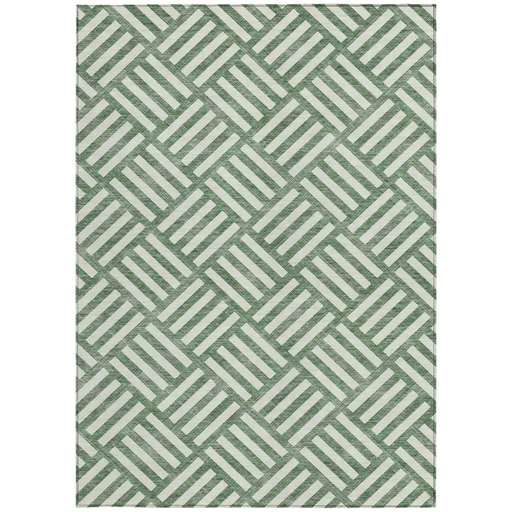 10' X 14' Green And Ivory Geometric Washable Indoor Outdoor Area Rug