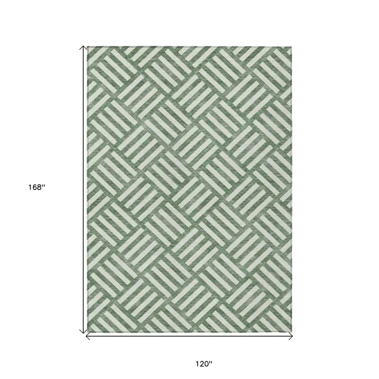 10' X 14' Green And Ivory Geometric Washable Indoor Outdoor Area Rug