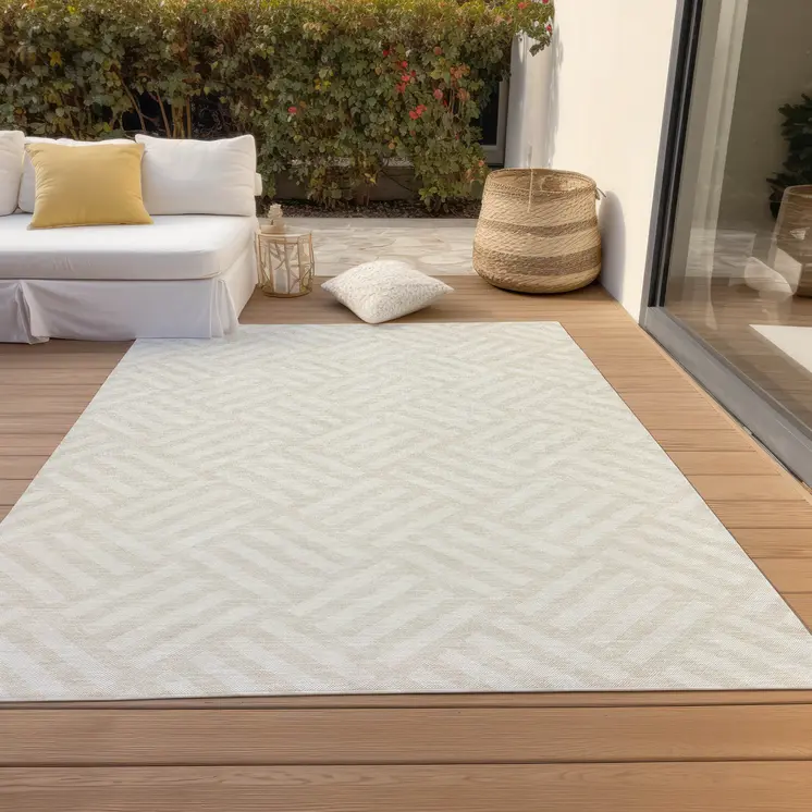 8' X 10' Ivory And Beige Geometric Washable Indoor Outdoor Area Rug