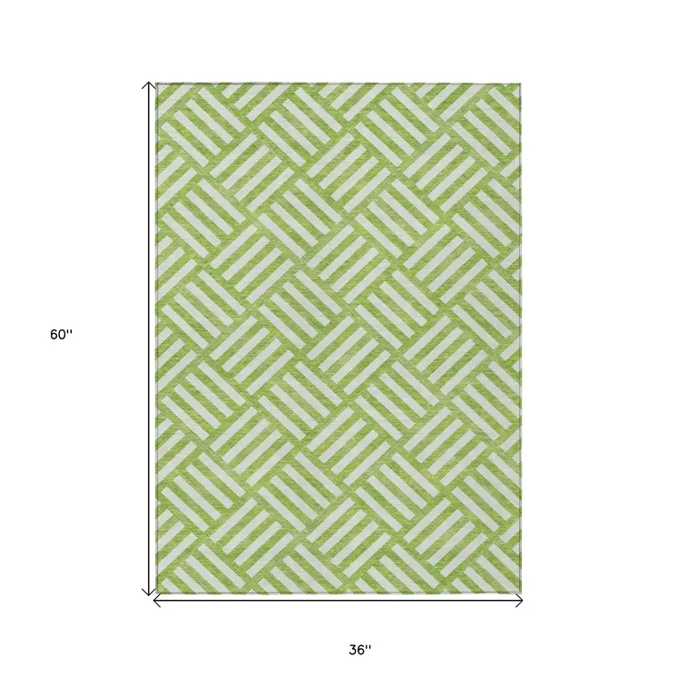 3' X 5' Lime Green And Ivory Geometric Washable Indoor Outdoor Area Rug