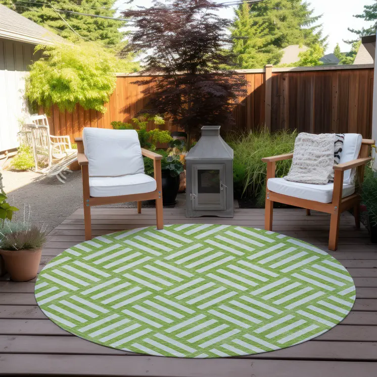 8' Lime Green And Ivory Round Geometric Washable Indoor Outdoor Area Rug