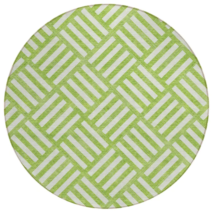 8' Lime Green And Ivory Round Geometric Washable Indoor Outdoor Area Rug