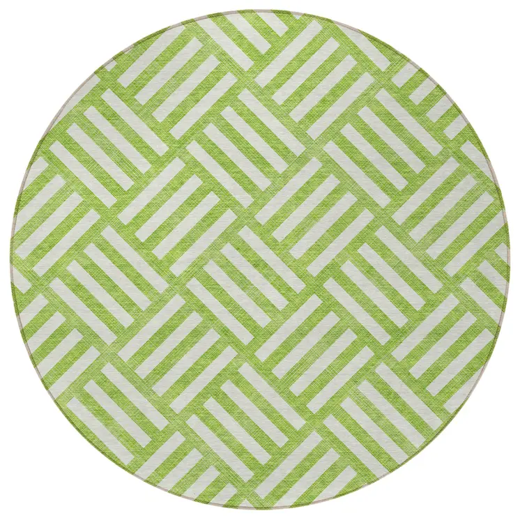 8' Lime Green And Ivory Round Geometric Washable Indoor Outdoor Area Rug