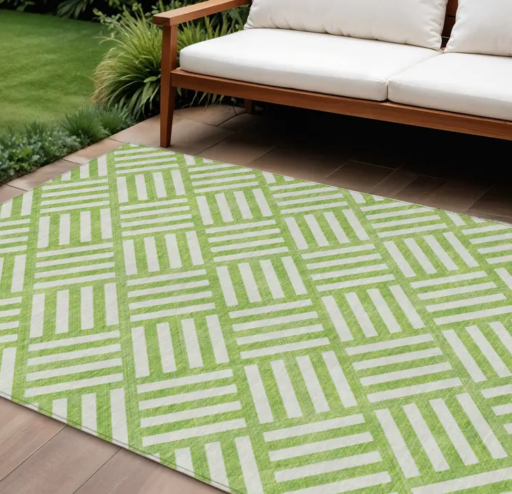 9' X 12' Lime Green And Ivory Geometric Washable Indoor Outdoor Area Rug