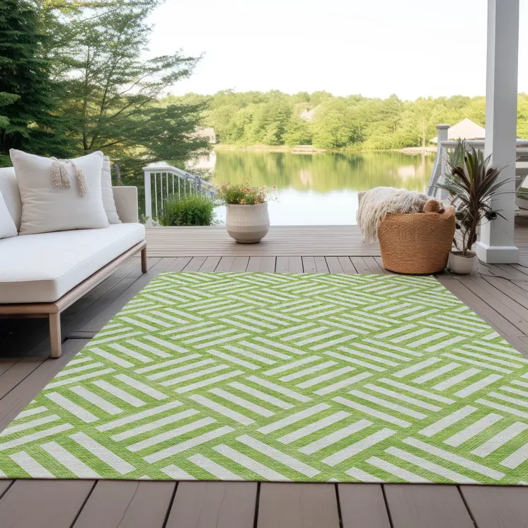 9' X 12' Lime Green And Ivory Geometric Washable Indoor Outdoor Area Rug