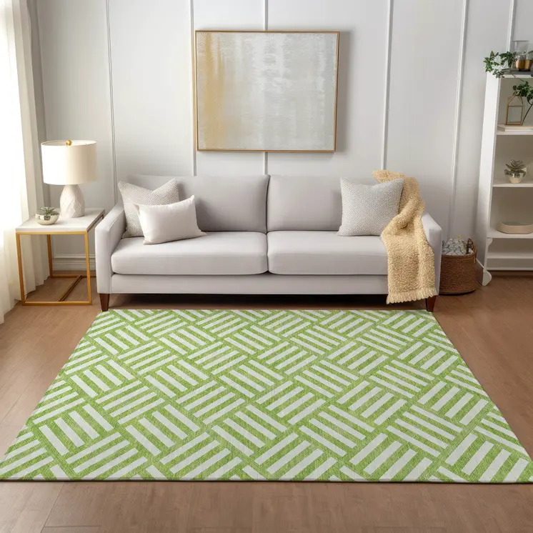 9' X 12' Lime Green And Ivory Geometric Washable Indoor Outdoor Area Rug