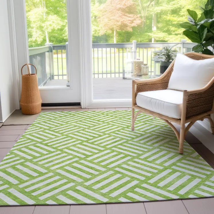 9' X 12' Lime Green And Ivory Geometric Washable Indoor Outdoor Area Rug