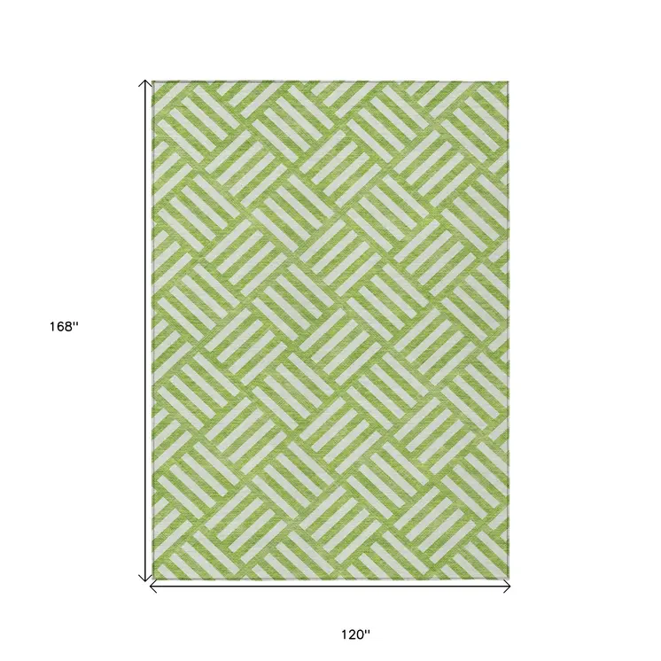 10' X 14' Lime Green And Ivory Geometric Washable Indoor Outdoor Area Rug