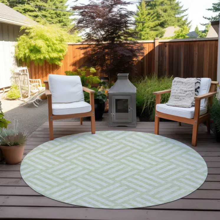 8' Mint Green And Ivory Round Geometric Washable Indoor Outdoor Area Rug