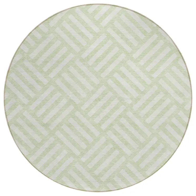 8' Mint Green And Ivory Round Geometric Washable Indoor Outdoor Area Rug