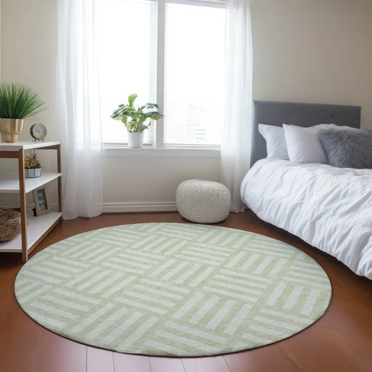 8' Mint Green And Ivory Round Geometric Washable Indoor Outdoor Area Rug