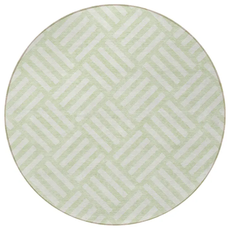 8' Mint Green And Ivory Round Geometric Washable Indoor Outdoor Area Rug
