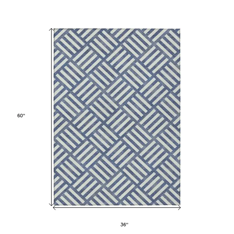 3' X 5' Navy Blue And Ivory Geometric Washable Indoor Outdoor Area Rug