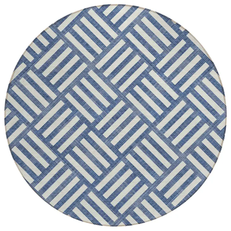 8' Navy Blue And Ivory Round Geometric Washable Indoor Outdoor Area Rug