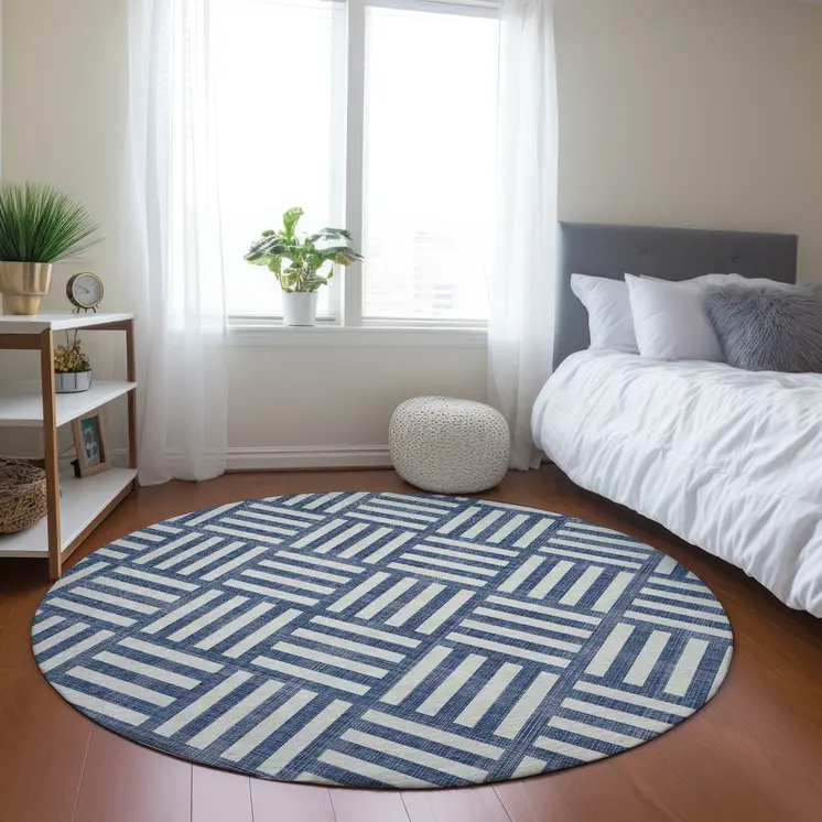 8' Navy Blue And Ivory Round Geometric Washable Indoor Outdoor Area Rug