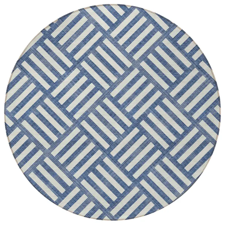 8' Navy Blue And Ivory Round Geometric Washable Indoor Outdoor Area Rug