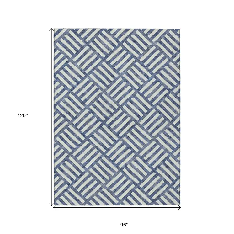 8' X 10' Navy Blue And Ivory Geometric Washable Indoor Outdoor Area Rug