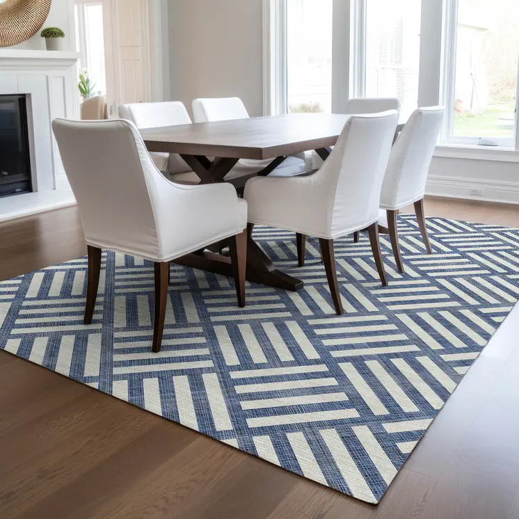 8' X 10' Navy Blue And Ivory Geometric Washable Indoor Outdoor Area Rug