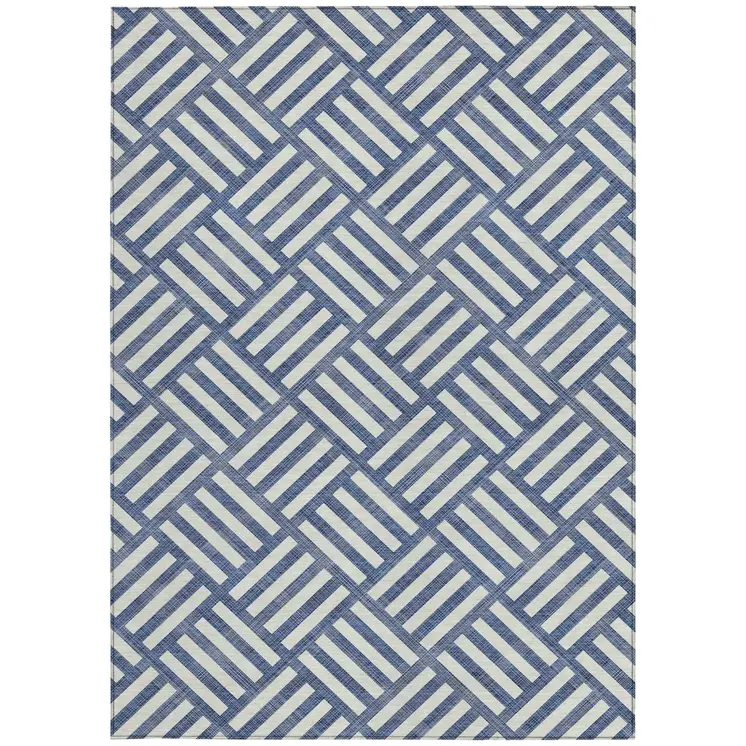 9' X 12' Navy Blue And Ivory Geometric Washable Indoor Outdoor Area Rug