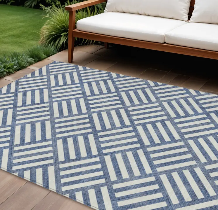9' X 12' Navy Blue And Ivory Geometric Washable Indoor Outdoor Area Rug