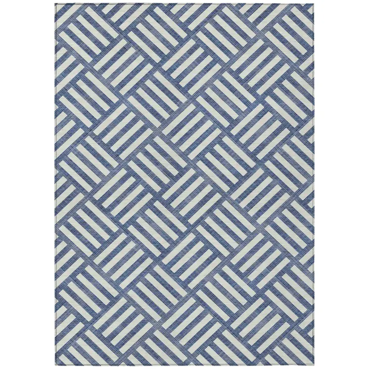 9' X 12' Navy Blue And Ivory Geometric Washable Indoor Outdoor Area Rug