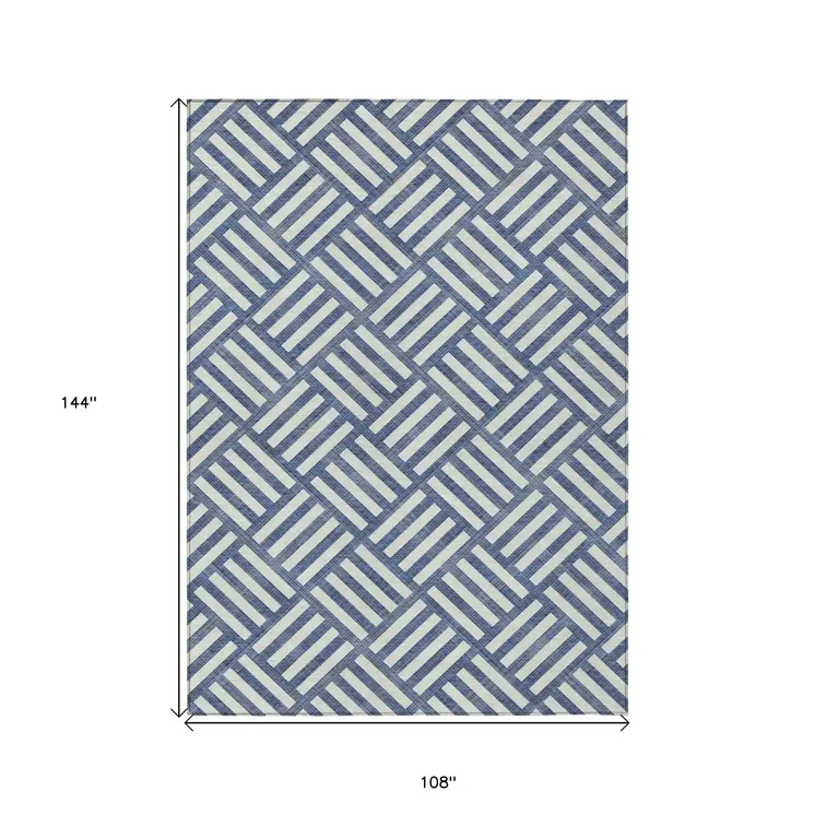 9' X 12' Navy Blue And Ivory Geometric Washable Indoor Outdoor Area Rug