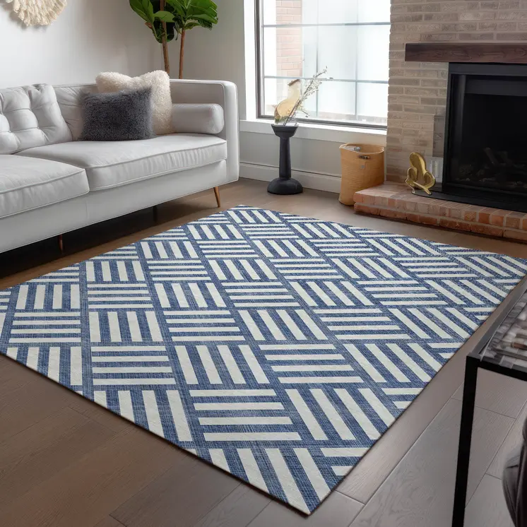 9' X 12' Navy Blue And Ivory Geometric Washable Indoor Outdoor Area Rug