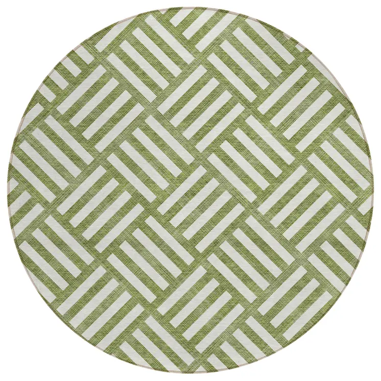 8' Olive Green And Ivory Round Geometric Washable Indoor Outdoor Area Rug